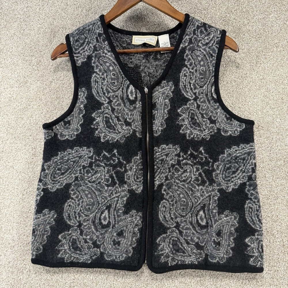 Studio Works Womens LG Full Zip Vest Floral Paisley 100% Boiled Wool Black Gray